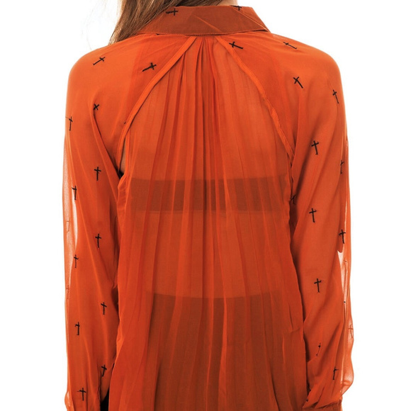 Embroidered Cross Sheer BLOUSE High Low Hem TOP M - Picture 2 of 6